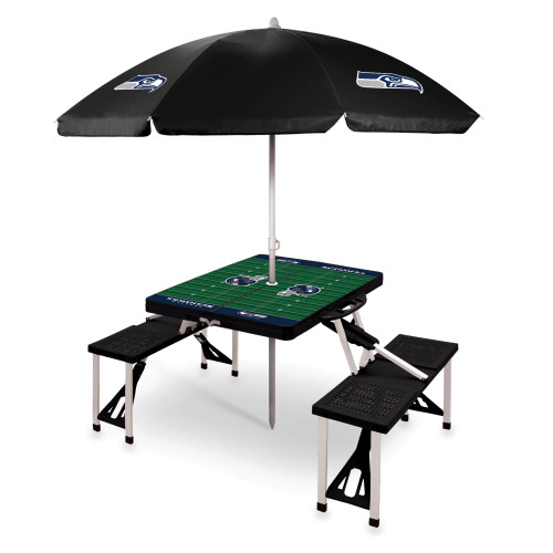 Seattle Seahawks Picnic Table Portable Folding Table with Seats and Umbrella, (Black)