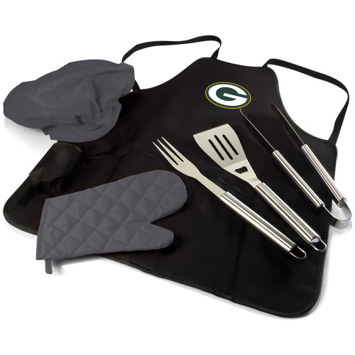 Green Bay Packers BBQ Apron Tote Pro Grill Set, (Black with Gray Accents)