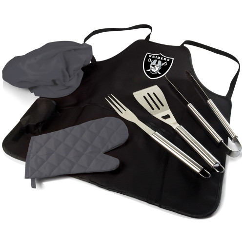 Las Vegas Raiders BBQ Apron Tote Pro Grill Set, (Black with Gray Accents)