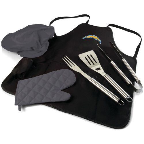 Los Angeles Chargers BBQ Apron Tote Pro Grill Set, (Black with Gray Accents)