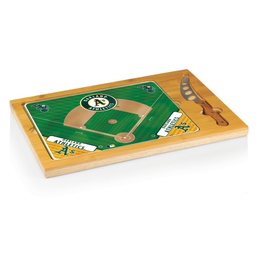 Oakland Athletics Baseball Diamond Icon Glass Top Cutting Board & Knife Set (Parawood & Bamboo)