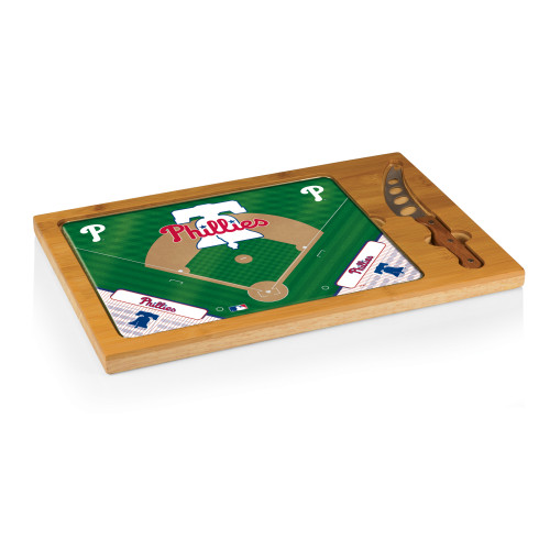 Philadelphia Phillies Baseball Diamond Icon Glass Top Cutting Board & Knife Set (Parawood & Bamboo)