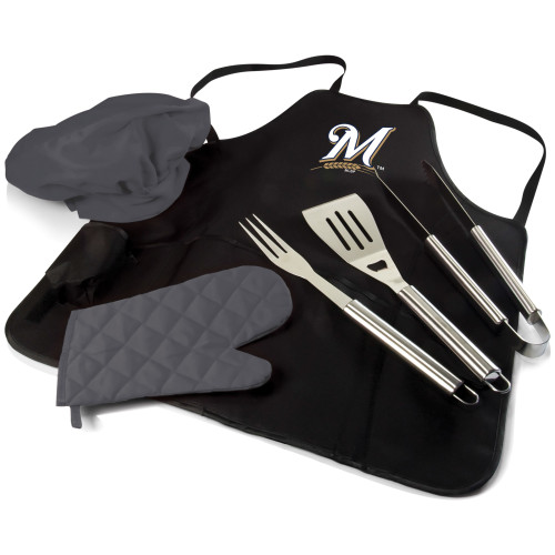 Milwaukee Brewers BBQ Apron Tote Pro Grill Set (Black with Gray Accents)