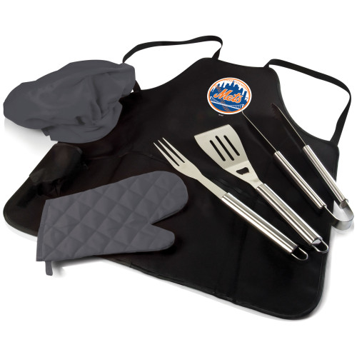 New York Mets BBQ Apron Tote Pro Grill Set (Black with Gray Accents)