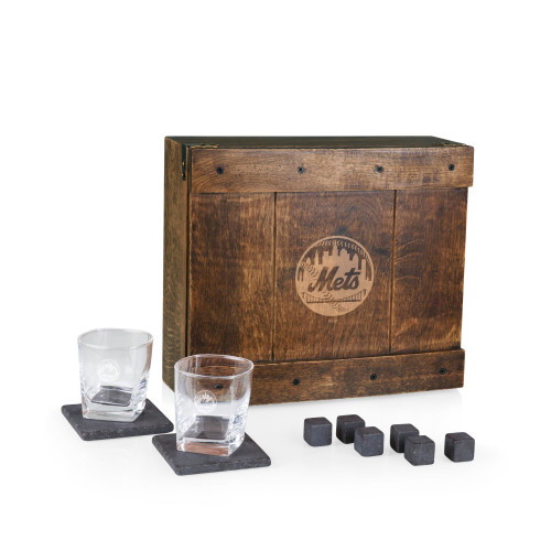New York Mets Whiskey Box Gift Set (Oak Wood)