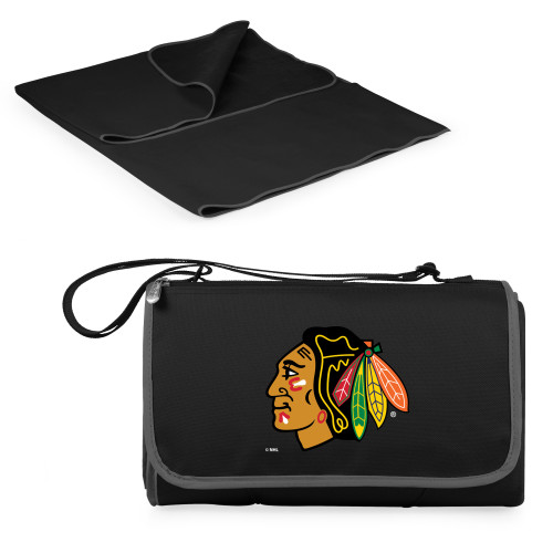 Chicago Blackhawks Blanket Tote Outdoor Picnic Blanket, (Black with Black Exterior)