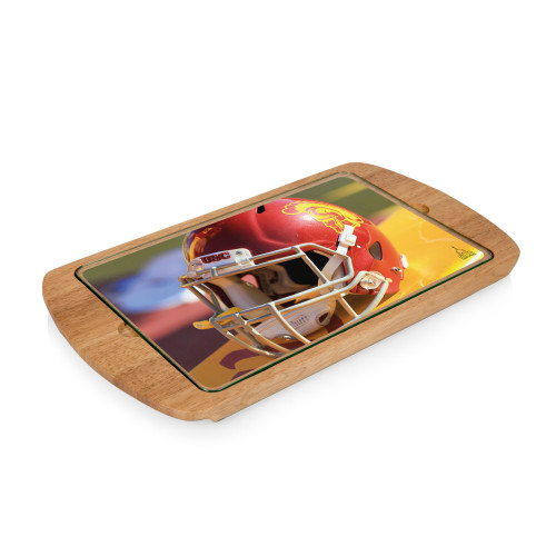 USC Trojans Helmet Billboard Glass Top Serving Tray, (Parawood)