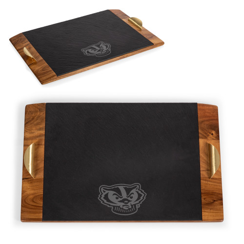 Wisconsin Badgers Covina Acacia and Slate Serving Tray, (Acacia Wood & Slate Black with Gold Accents)