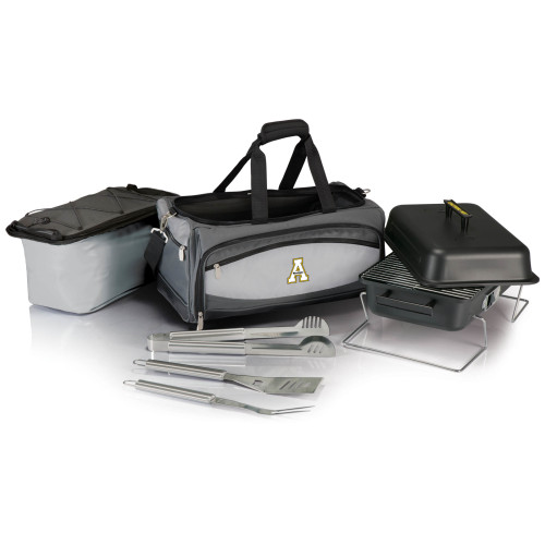 App State Mountaineers Buccaneer Portable Charcoal Grill & Cooler Tote, (Black with Gray Accents)