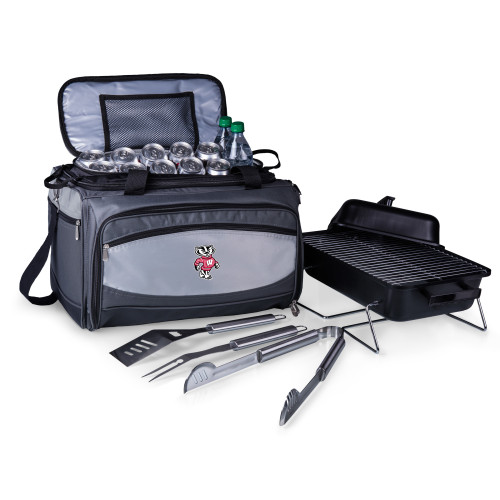 Wisconsin Badgers Buccaneer Portable Charcoal Grill & Cooler Tote, (Black with Gray Accents)