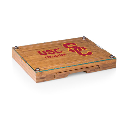 USC Trojans Concerto Glass Top Cheese Cutting Board & Tools Set, (Bamboo)