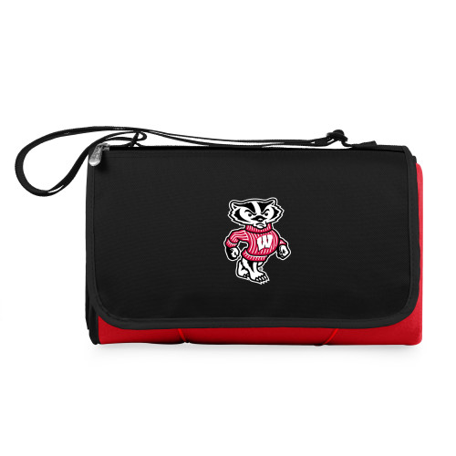 Wisconsin Badgers Blanket Tote Outdoor Picnic Blanket, (Red with Black Flap)