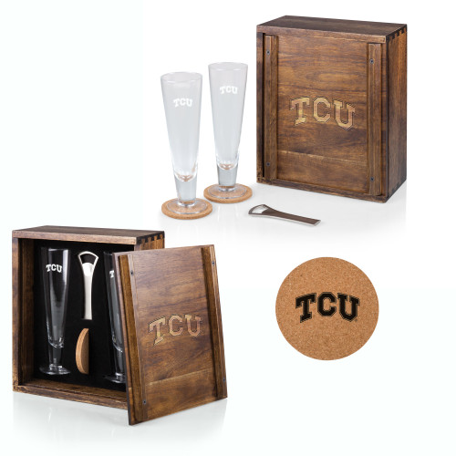 TCU Horned Frogs Pilsner Beer Glass Gift Set, (Acacia Wood)