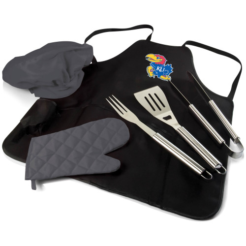 Kansas Jayhawks BBQ Apron Tote Pro Grill Set, (Black with Gray Accents)