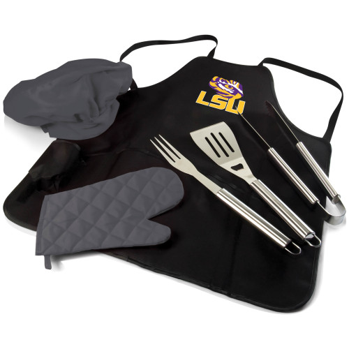 LSU Tigers BBQ Apron Tote Pro Grill Set, (Black with Gray Accents)