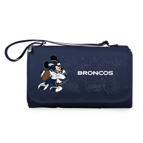 Denver Broncos Mickey Mouse Blanket Tote Outdoor Picnic Blanket, (Navy Blue with Black Flap)