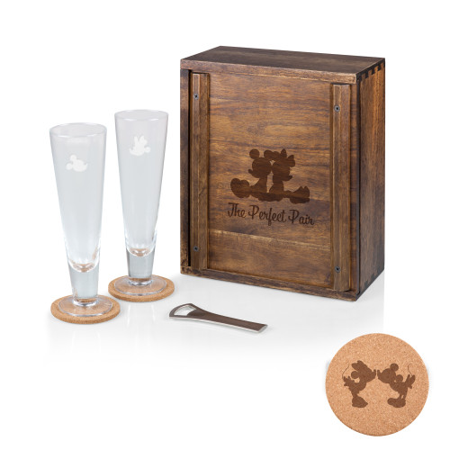 Mickey & Minnie Mouse Beverage Glass Set, (Acacia Wood)