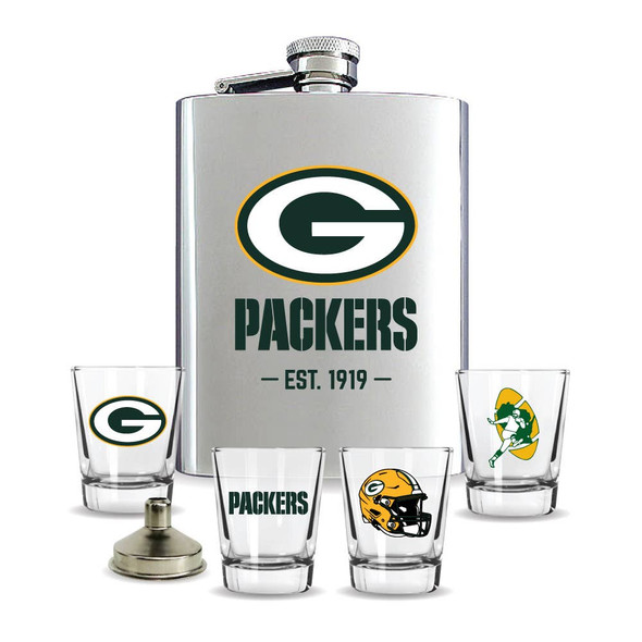 Green Bay Packers Flask Gift Set Stainless Steel Barware NFL Fan Gift