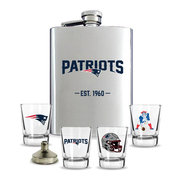 New England Patriots Flask Gift Set Stainless Steel Barware NFL Fan Gift