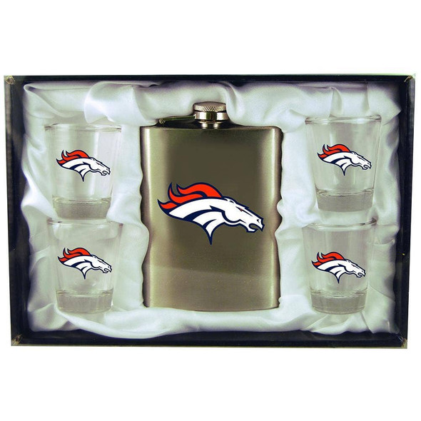 Denver Broncos 8oz Stainless Steel Flask w/4 Cups