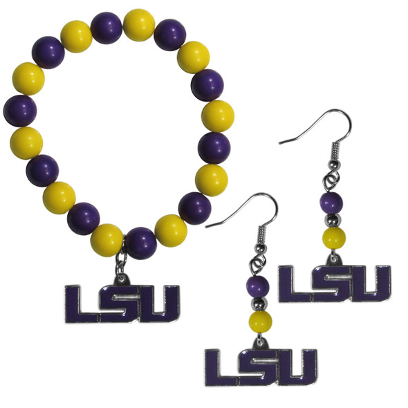 LSU Tigers Fan Bead Earrings and Bracelet Set