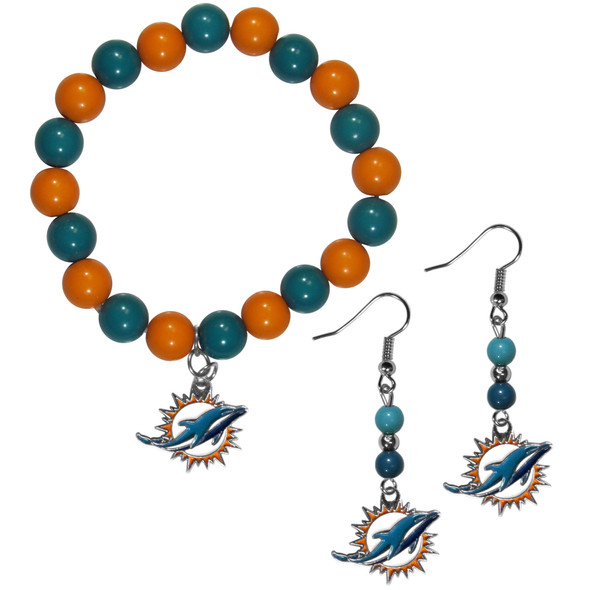 Miami Dolphins Fan Bead Earrings and Bracelet Set