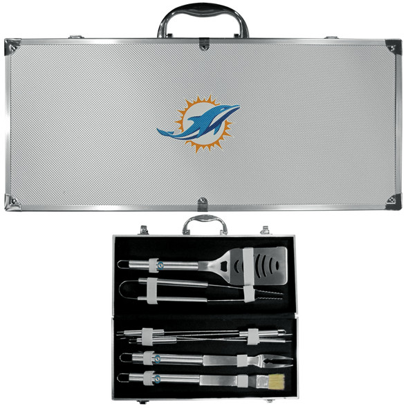 Miami Dolphins 8 pc Stainless Steel BBQ Set w/Metal Case
