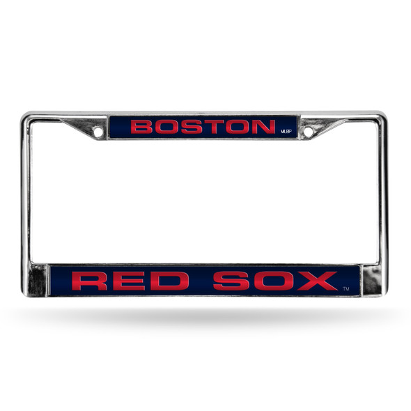 Boston Red Sox License Plate Frame Laser Cut Chrome Blue Background with Red Letters