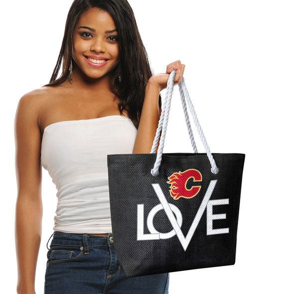 Calgary Flames Love Tote Bag NHL Fan Tote Travel Shopping Bag