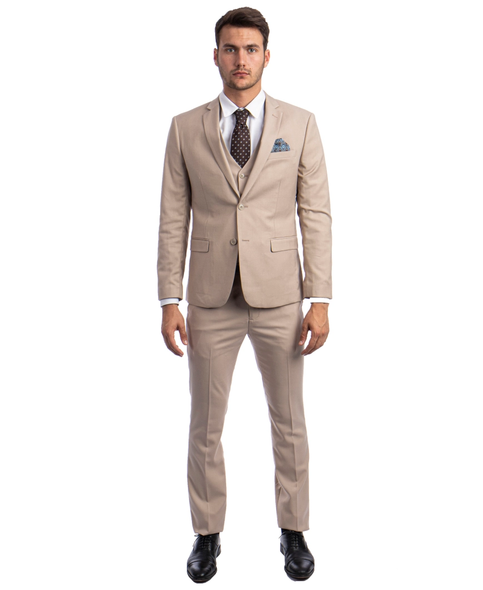 Light Weight Men's Stretch Skinny Fit 3-Piece Suit - Medium Tan