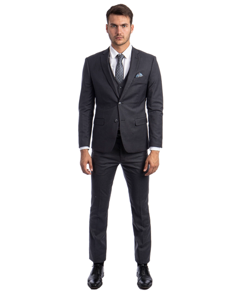Light Weight Men's Stretch Skinny Fit 3-Piece Suit - Charcoal Grey
