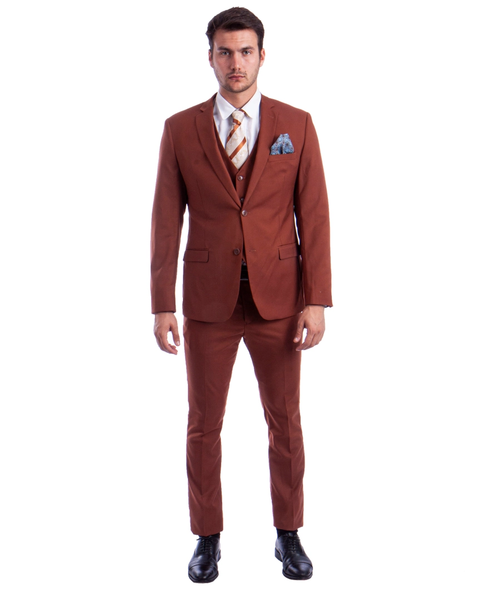 Light Weight Men's Stretch Skinny Fit 3-Piece Suit - Brick