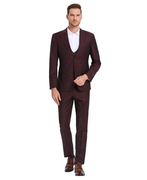 Men's 3-Piece Plaid Suit with Diagonal Vest - Wine