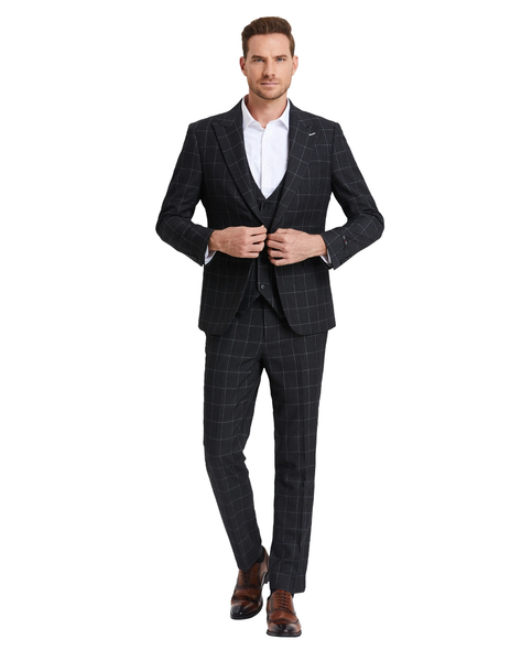 Men's 3-Piece Windowpane Peak Lapel Suit - Dark Grey