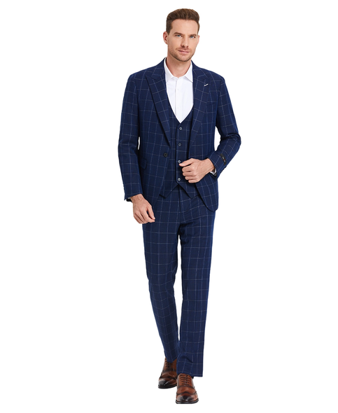 Men's 3-Piece Windowpane Peak Lapel Suit - Blue