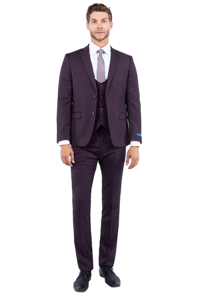 Men's 3-Piece Solid 2 Button Fashion Suit - Burgundy