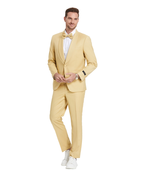 Men's 2 Piece Shawl Collar with Bowtie Fashion Suit - Dijon