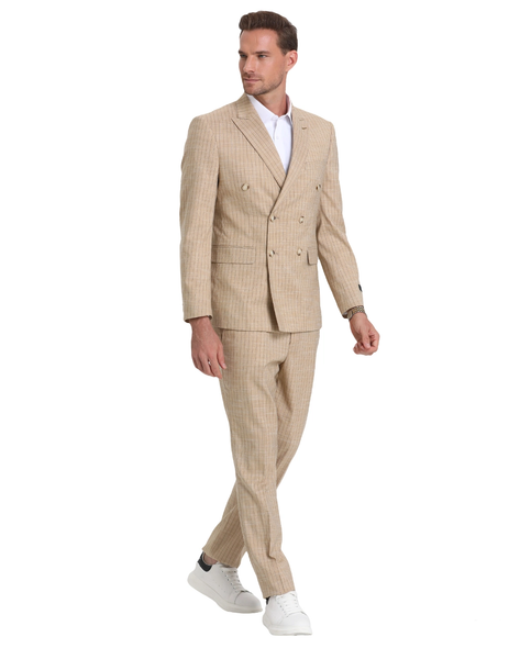 Men's 2 Piece Textured Fabric Double Breast Fashion Suit - Khaki