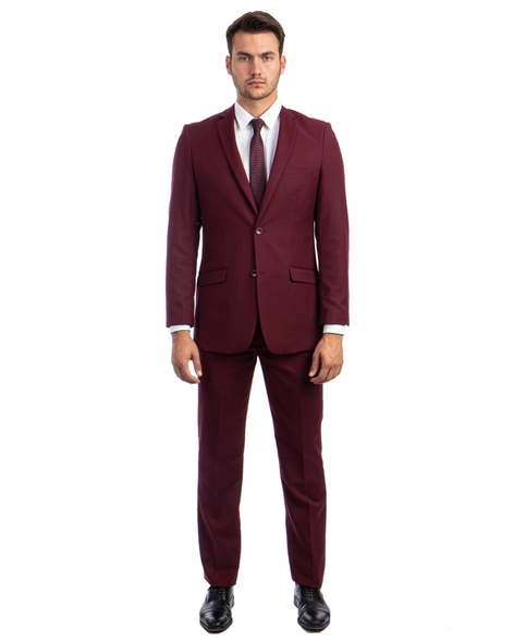 Mens 2-Piece Slim Fit Coat & Trousers Suit - Burgundy