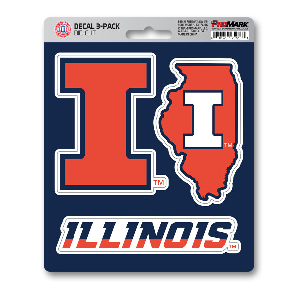 Illinois Fighting Illini Decal 3-pk 3 Various Logos / Wordmark