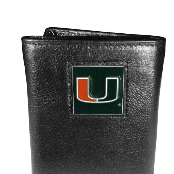 Miami Hurricanes Deluxe Leather Tri-fold Wallet Packaged in Gift Box