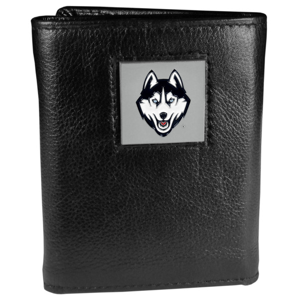 UCONN Huskies Deluxe Leather Tri-fold Wallet Packaged in Gift Box