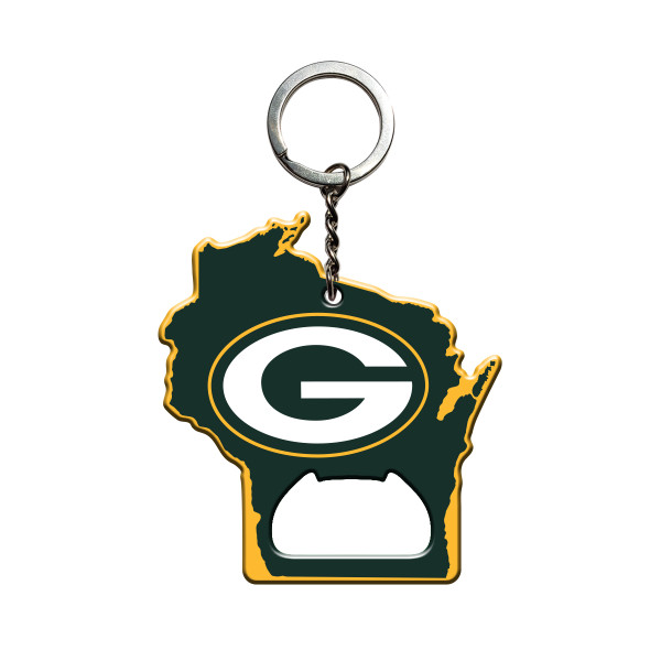 Green Bay Packers Keychain Bottle Opener Packers Primary Logo / Shape of Wisconsin Green