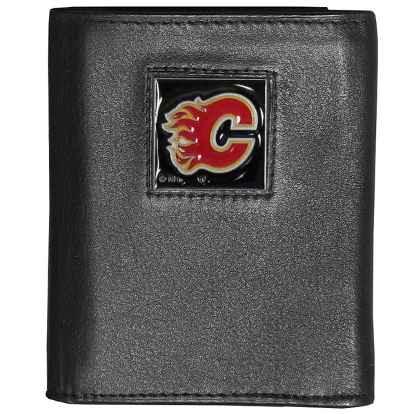 Calgary Flames® Deluxe Leather Tri-fold Wallet Packaged in Gift Box