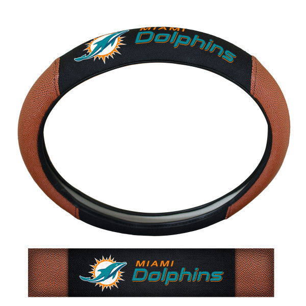 Miami Dolphins Sports Grip Steering Wheel Cover Primary Logo and Wordmark Tan & Black