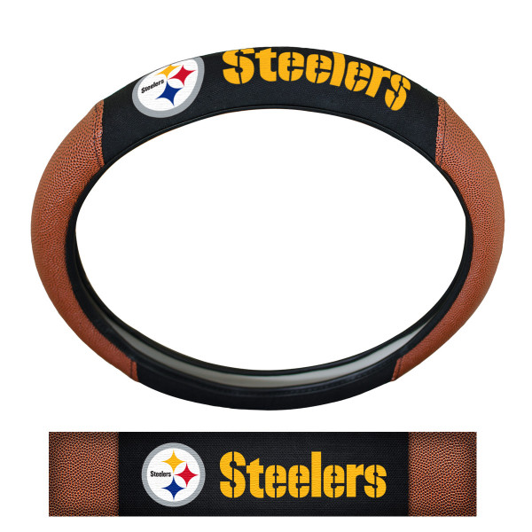 Pittsburgh Steelers Sports Grip Steering Wheel Cover Primary Logo and Wordmark Tan & Black