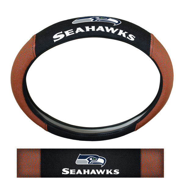 Seattle Seahawks Sports Grip Steering Wheel Cover Primary Logo and Wordmark Tan & Black