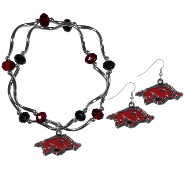 Arkansas Razorbacks Dangle Earrings and Crystal Bead Bracelet Set