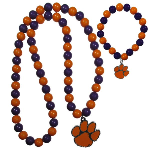 Clemson Tigers Fan Bead Necklace and Bracelet Set