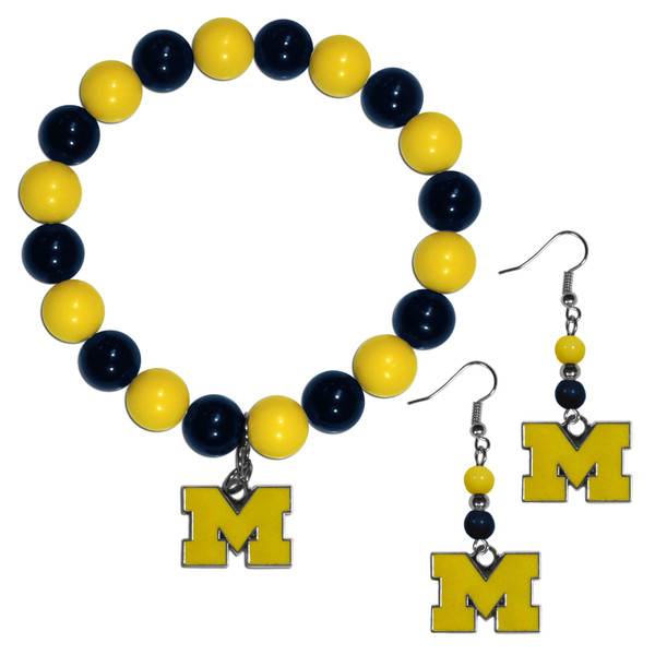 Michigan Wolverines Fan Bead Earrings and Bracelet Set
